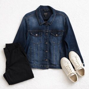 Dark Wash Denim Jacket Size XL Stretch Trucker Jean Jacket Classic Layer